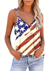 Plus Size Flag Print V Neck Cami Top Medium Stretch Independence Casual