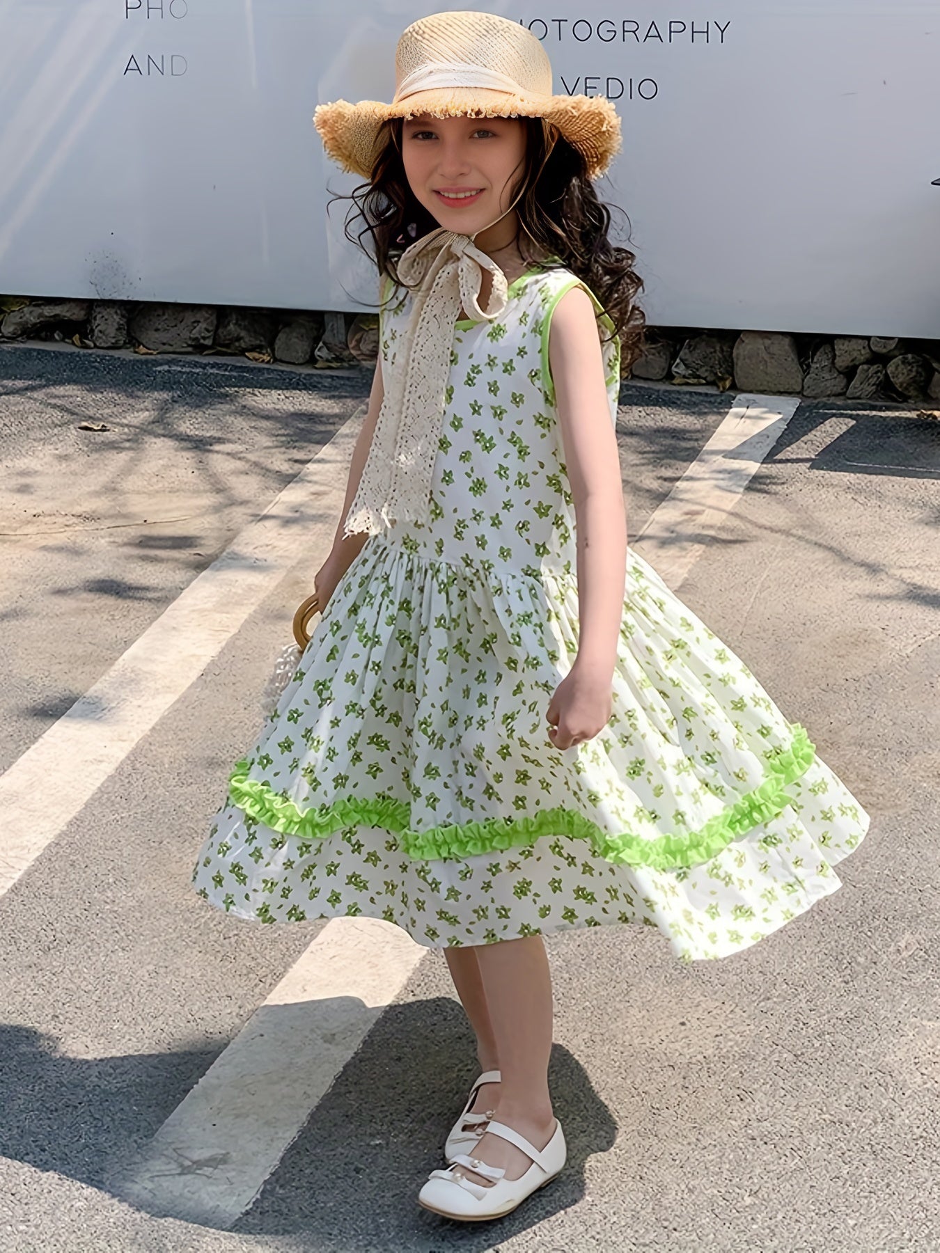 Girls Floral One piece Dress Sleeveless Crew Neck Princess Dress