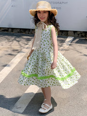Girls Floral One piece Dress Sleeveless Crew Neck Princess Dress