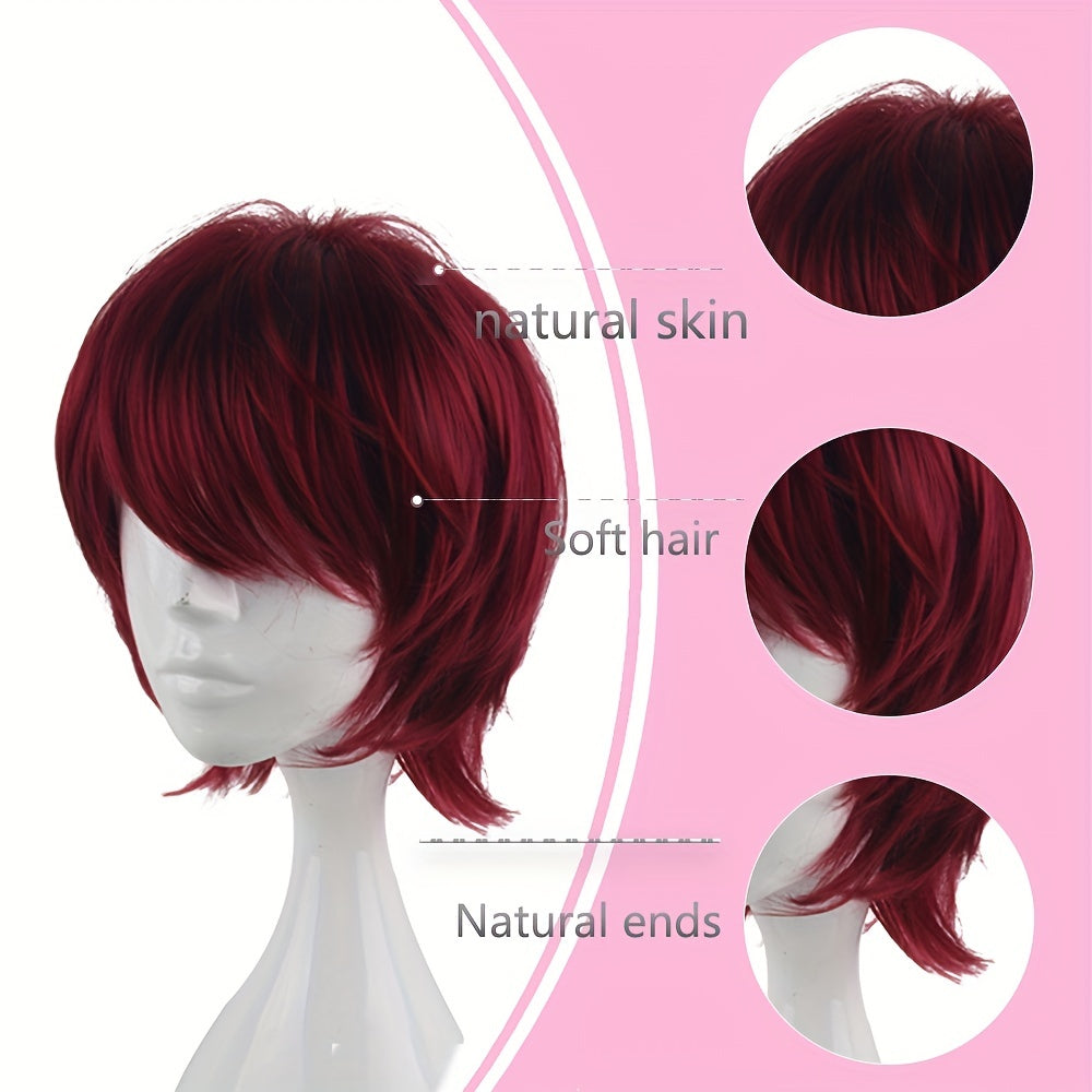 Men's 14 Inch Wine Red Anime Dress Up Wig Synthetic Fiber Wig