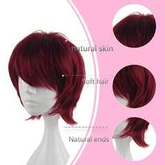 Men's 14 Inch Wine Red Anime Dress Up Wig Synthetic Fiber Wig