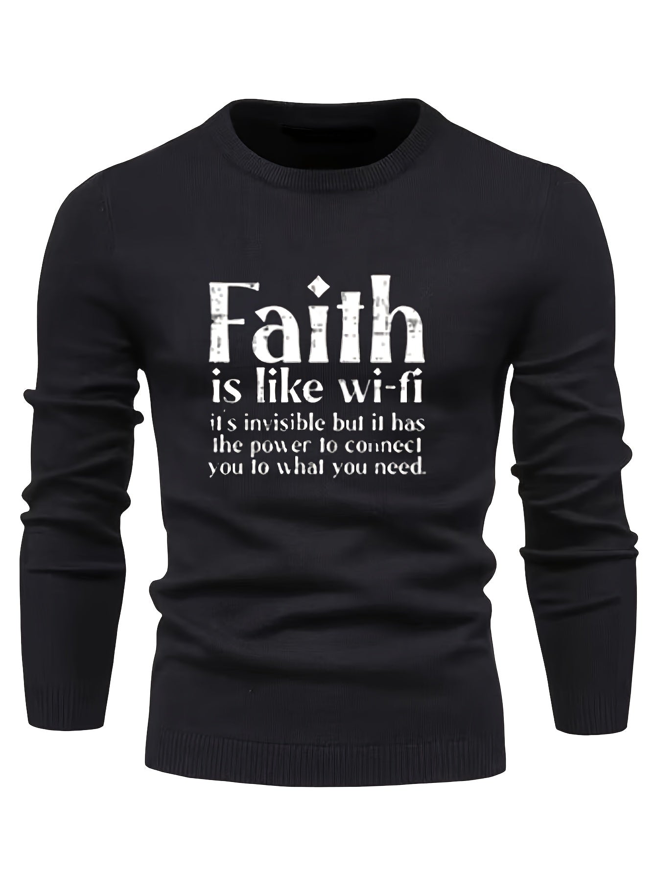 FAITH Retro Style Print Sweater Men's Casual Crew Neck Pullover