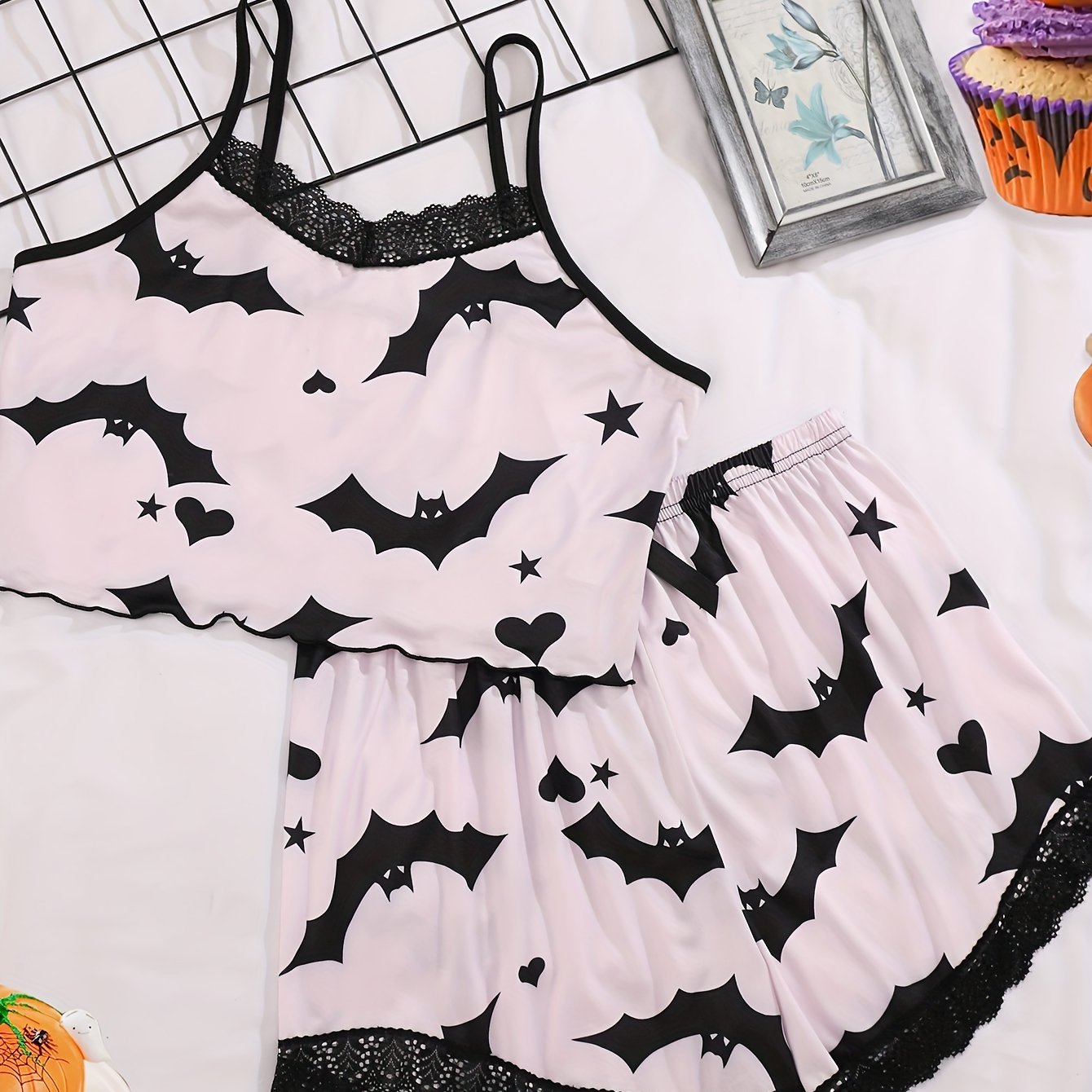Bat Print Pajama Set Lace Trim Cami Top & Shorts Sleepwear