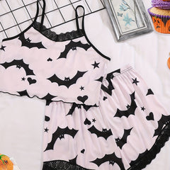 Bat Print Pajama Set Lace Trim Cami Top & Shorts Sleepwear