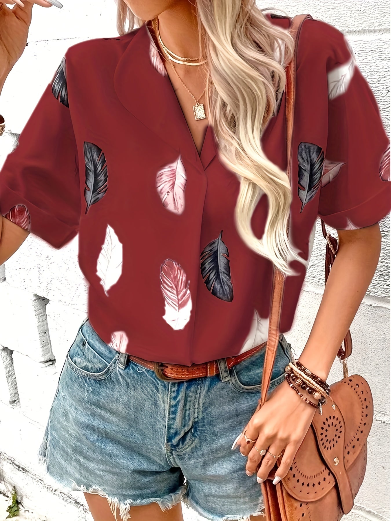 Feather Print Short Sleeve Blouse