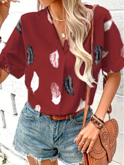 Feather Print Short Sleeve Blouse