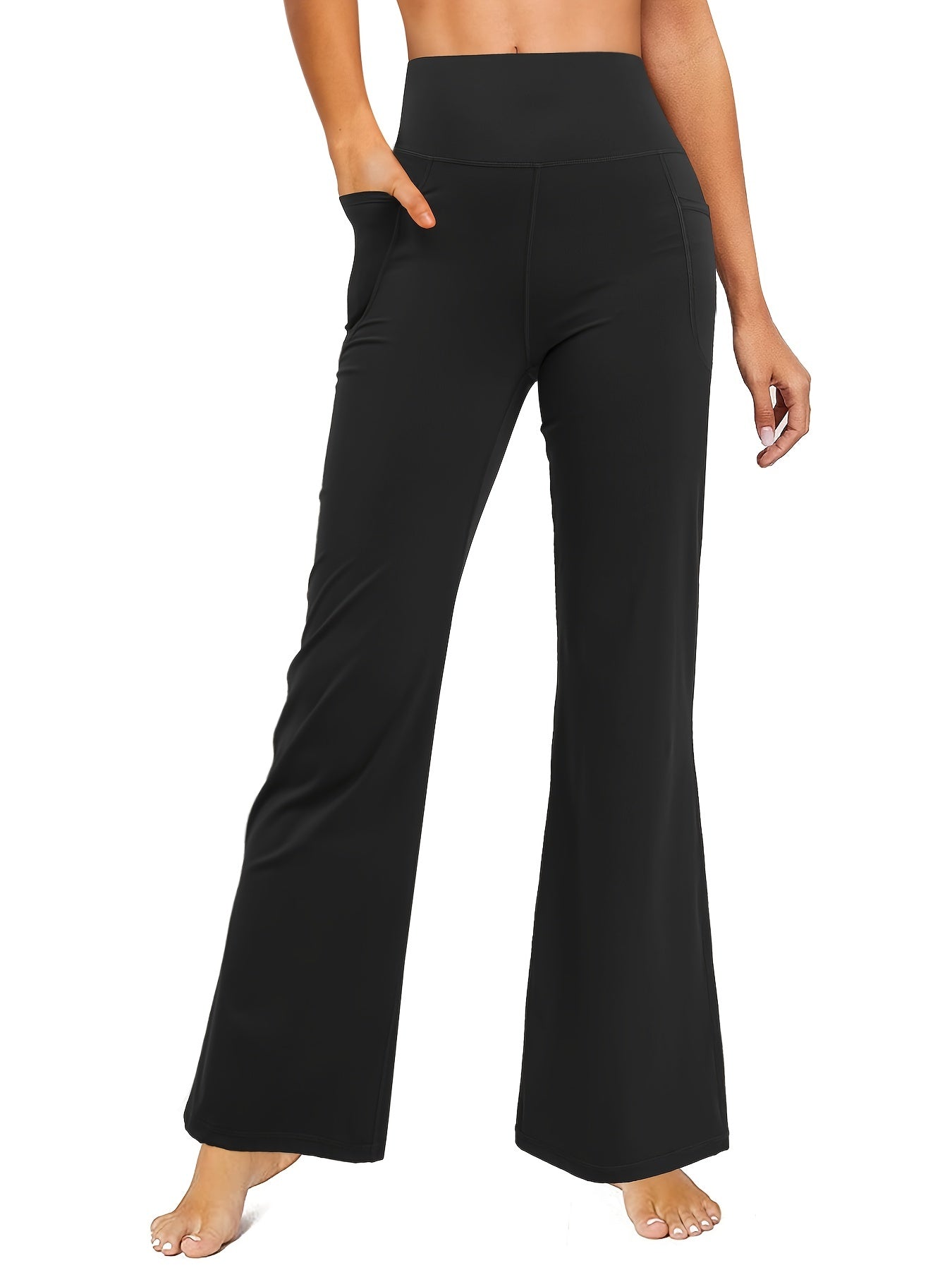 High Waist Sports Pants With Pockets Bell Bottom Tummy Control