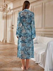 Floral Print Mesh Night Robe Long Sleeve V Neck Robe
