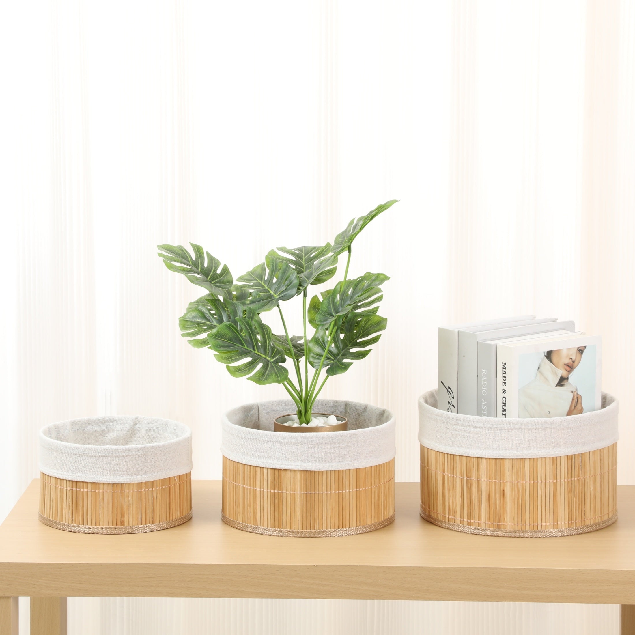 3pcs Bamboo Woven Round Storage Basket Green Flow
