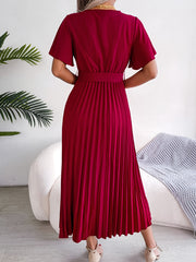 High Waist Pleated Maxi Dress Tie Up Ruffled Sleeve Loose Dress