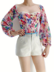 Floral Print Corset Bustier Ruffle Long Sleeve Lace Up Body Shaper