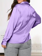 Solid Satin Long Sleeve Button Up Lapel Collar Shirt Top