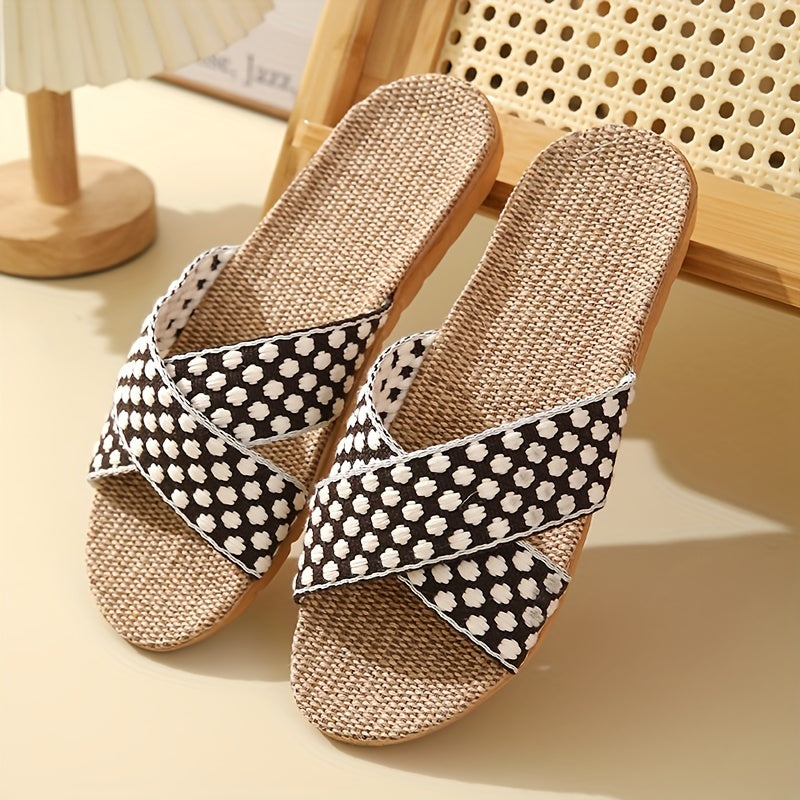 Women's Linen Flat Slides Cross Strap Floral Non Slip Shoes