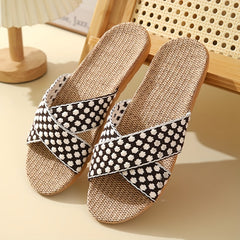 Women's Linen Flat Slides Cross Strap Floral Non Slip Shoes