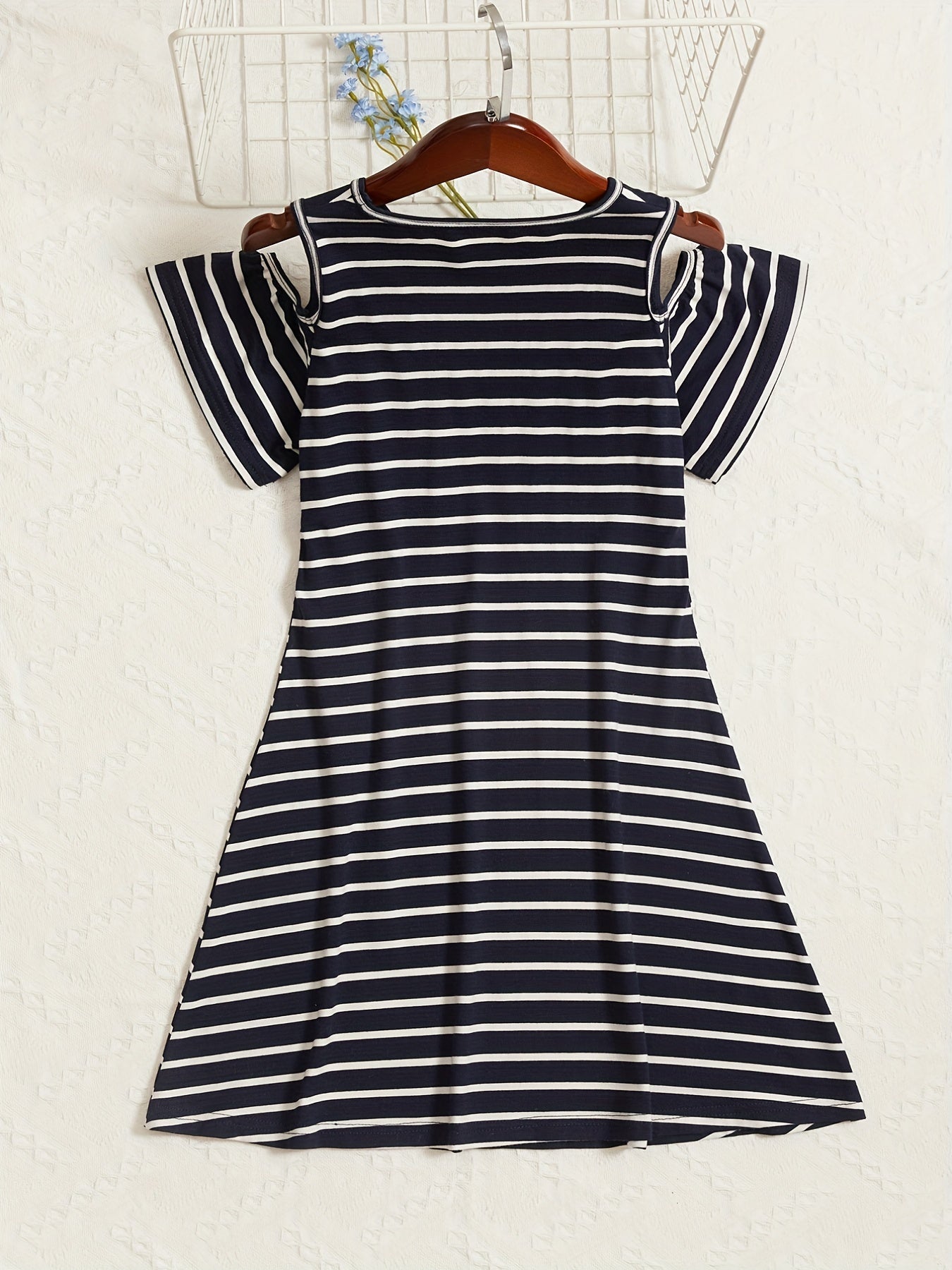 Comfy Striped Cold Shoulder Summer Dress Classic Style Youth Girl Casual Dresses