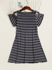 Comfy Striped Cold Shoulder Summer Dress Classic Style Youth Girl Casual Dresses