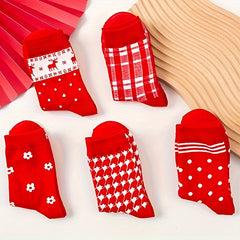 5 Pairs Floral Dot & Plaid Print Socks Christmas Women's Stockings
