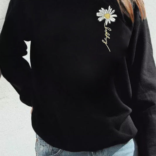Daisy & Letter Print Sweatshirt Casual Long Sleeve Women's Clothing