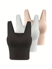 3pcs Ribbed Tank Tops V Neck Padded Women's Lingerie