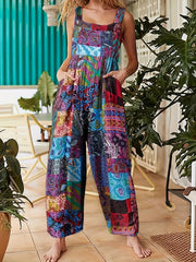 Boho Jumpsuit Women's Colorblock Scarf Print Square Neck Overalls