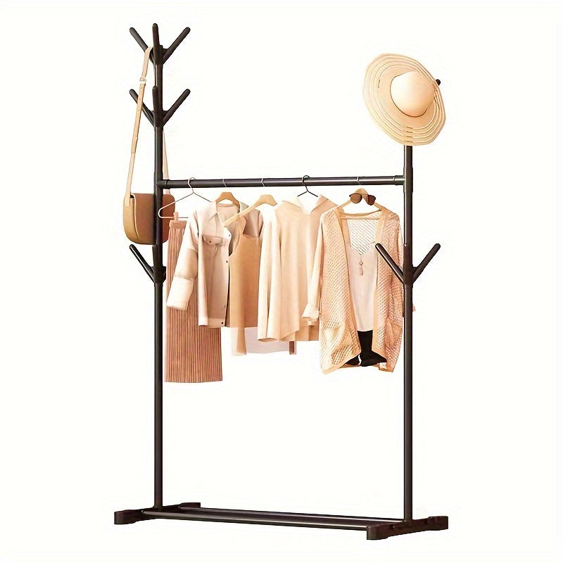 1pc Standing Clothes Rack with Lower Storage and Hooks, Double Bar Drying Rack