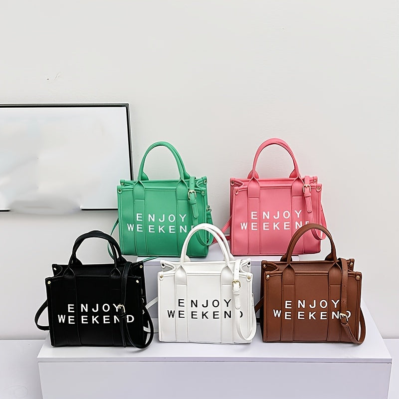 Stylish Letter Print Tote Bag Vegan Leather Satchel Purse for Office & Shopping