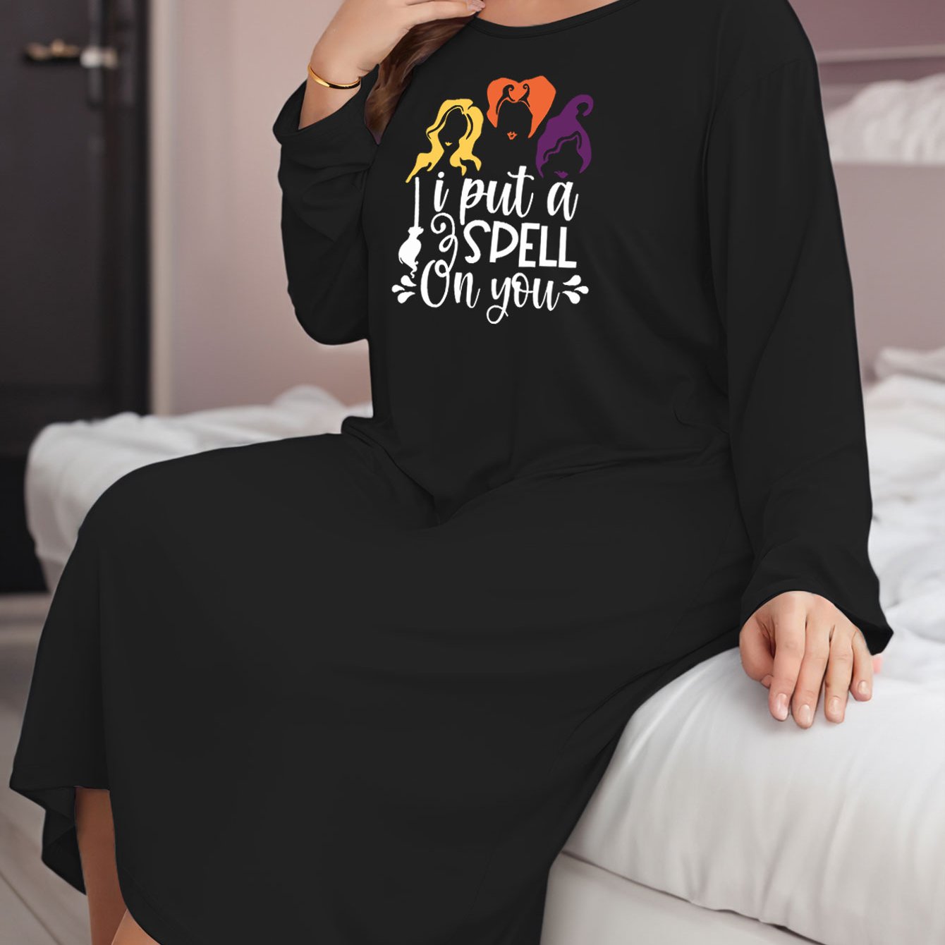 Halloween Lounge Dress Women's Plus Witch Print Long Sleeve Tee Dress