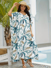 Boho Cover Up Women's Plus Tropical Print Batwing Sleeve V Neck Split