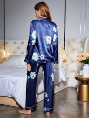 Heart & Eyelash Print Pajama Set Long Sleeve Lapel Button Top & Elastic Waist
