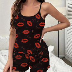 Lips Print Pajama Set Cami Top & Shorts Women's Sleepwear