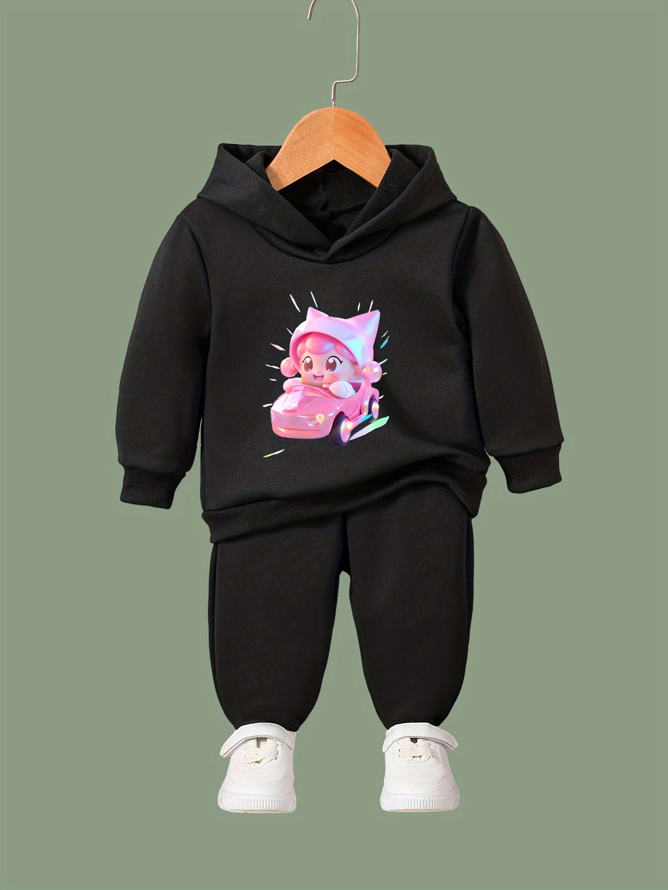 Cartoon Girl Driving Car Print Hoodie & Sweatpants Set
