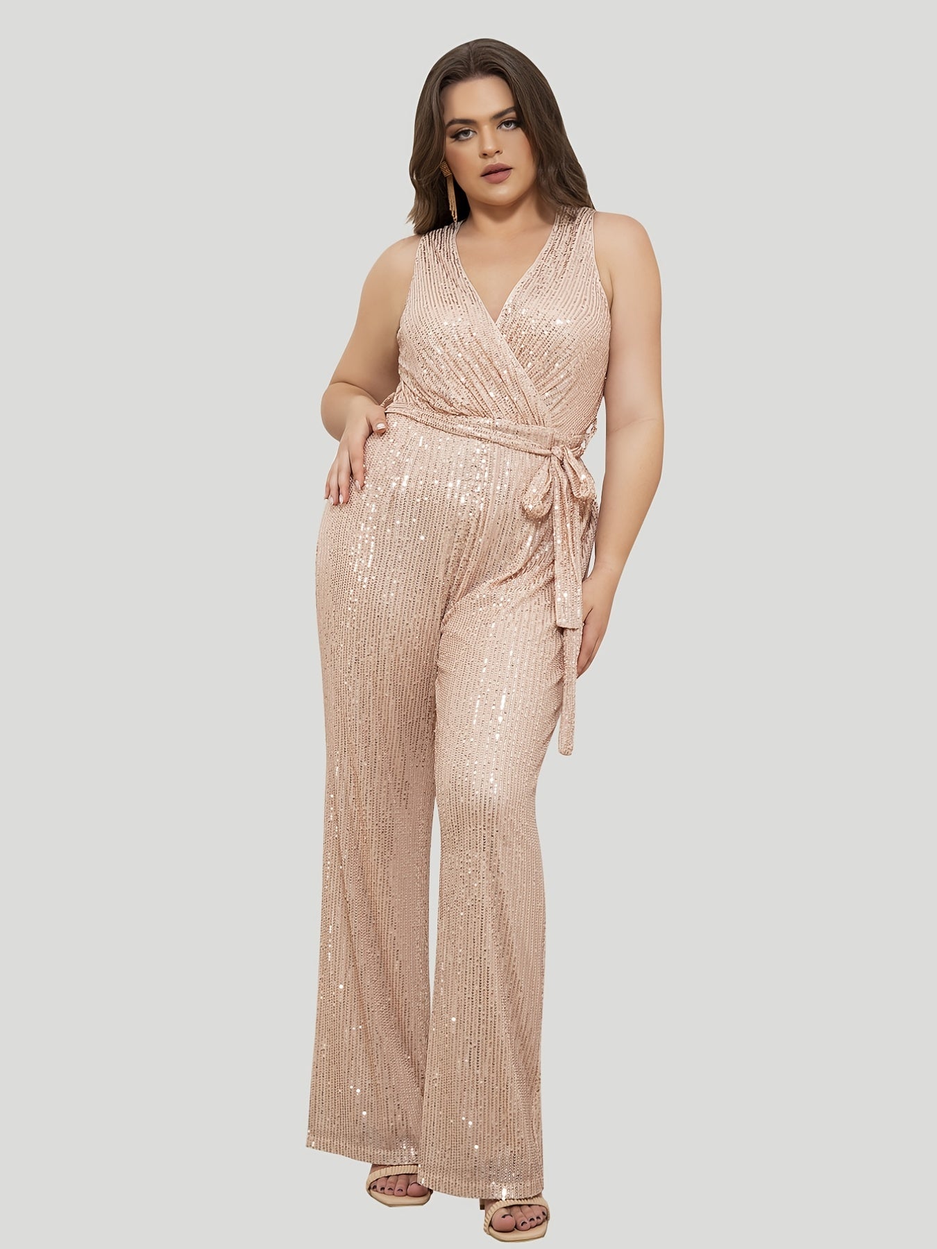 Sequin Wide Leg Tank Jumpsuit with Belt