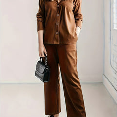 Solid Long Sleeve Button Up Ribbed Knit Cardigan & Pants 2 Piece Set