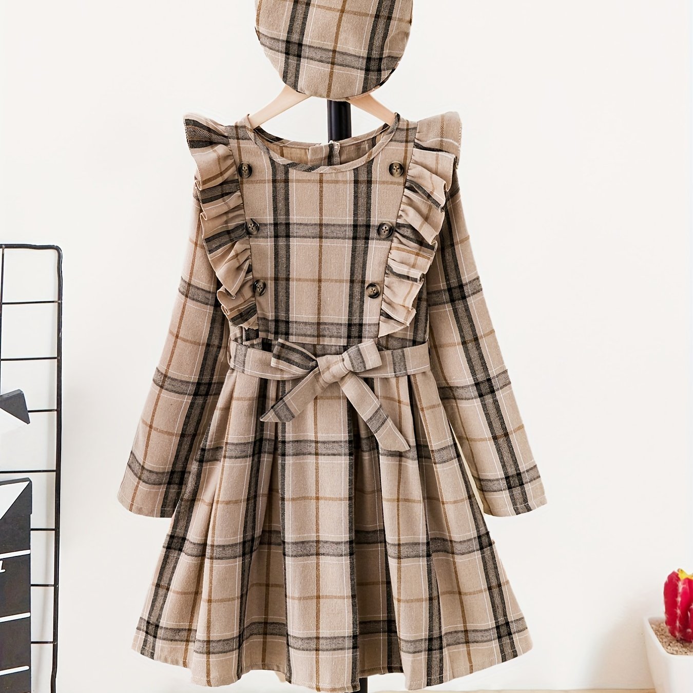 Girls Plaid Ruffle Trim A Line Dress