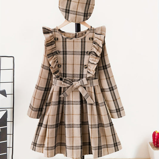 Girls Plaid Ruffle Trim A Line Dress