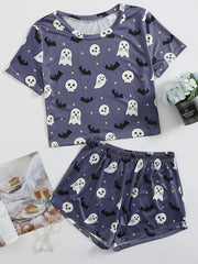 Cartoon Ghost Lounge Set Halloween Short Sleeve Top & Shorts Women's Sleepwear