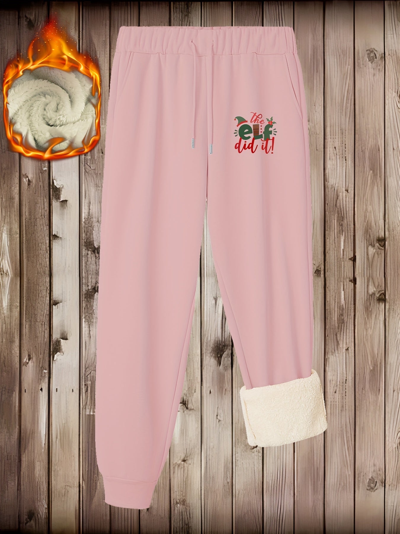 Christmas Casual Pants Women's Plus Letter Print Fleece Liner Elastic