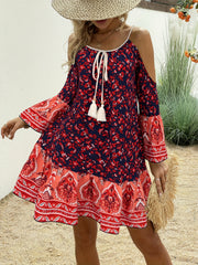 Floral Cold Shoulder Dress Crew Neck Women's Clothing