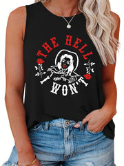 Casual Tank Top Women's Plus Cartoon Figure & Letter Print