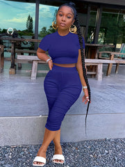 Casual 2pc Set Crew Neck Short Sleeve Crop T-shirt & High Waist Ruched Pants