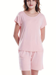 Solid Lounge Set Crew Neck Top & Lace Up Shorts Women's Loungewear
