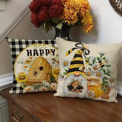 Square Linen Cushion Cover 18''x18'' Spring Summer Bee Pillow Cover