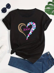 Floral Leopard Print Casual T Shirt Round Neck Short Sleeves Soft Sporty