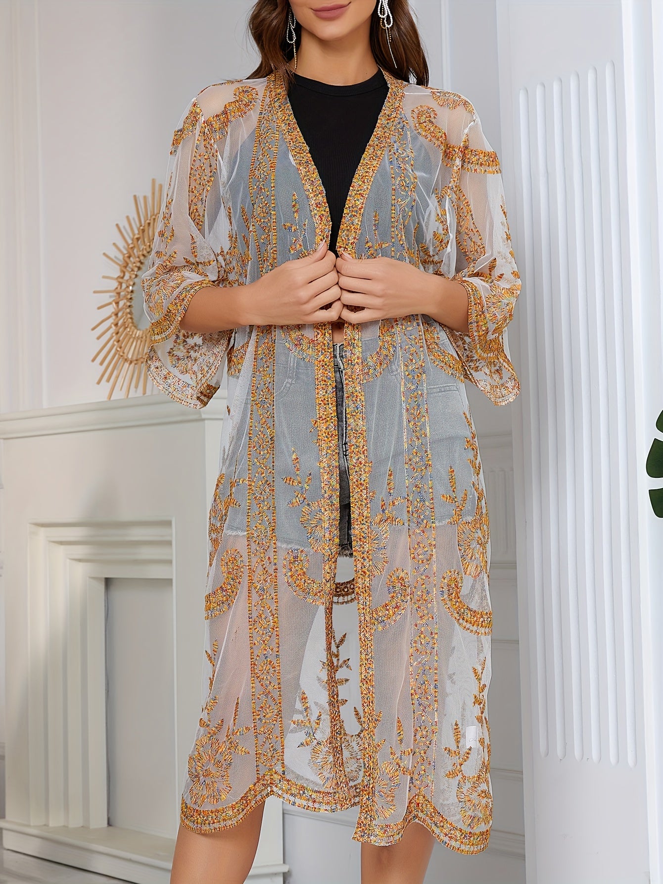 Floral Embroidery Sheer Open Front Cover Up