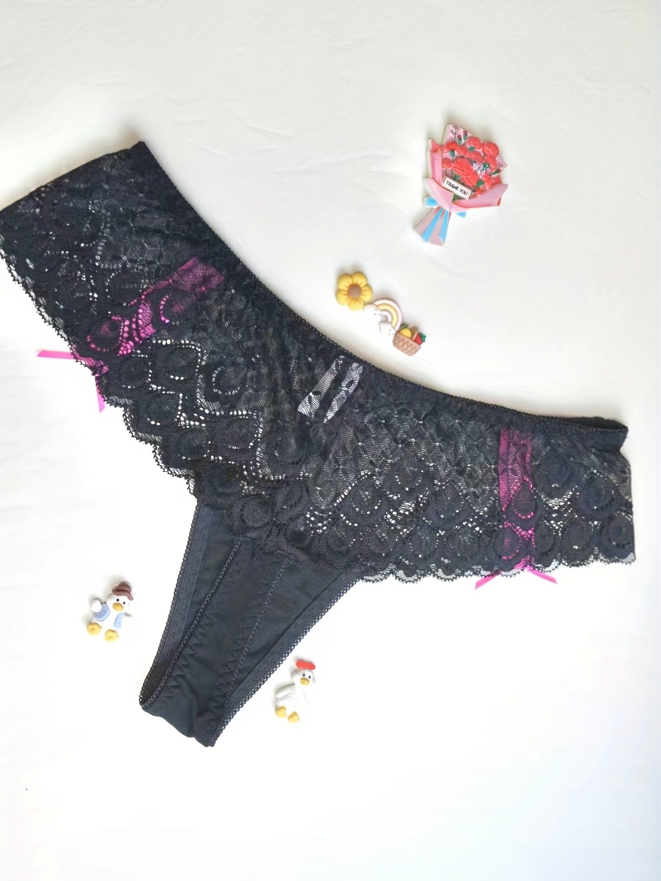 Romantic Lace Thongs with Scallop Trim and Bow Tie