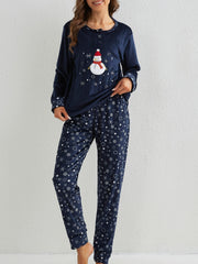 Snowflake Print Christmas Pajama Set Long Sleeve Top & Pants