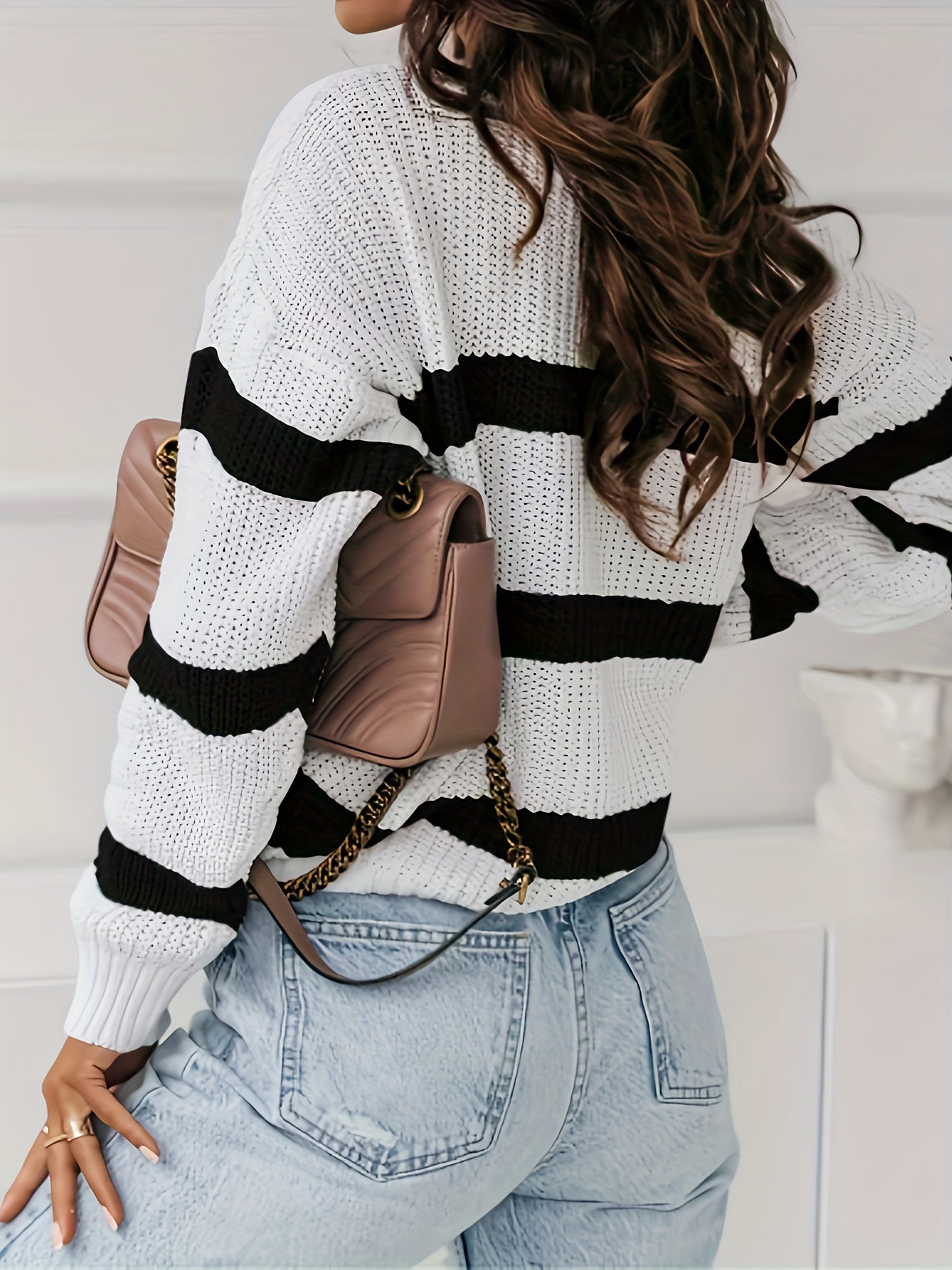 Casual Striped Sweater Long Sleeve V Neck Pullover Jumper
