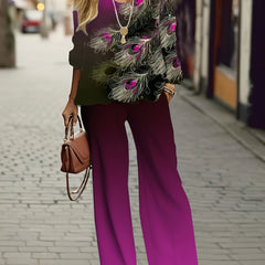 Ombre & Feather Print Tee & Pants Set