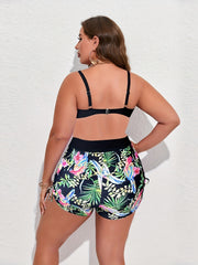 Plus Tropical Print Bikini Set Molded Cup Bra & Lace Up Side Shorts 2 Piece