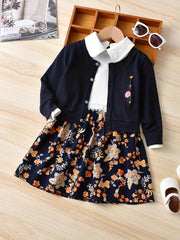Girls Floral Print Collar Long Sleeve Shirt Dress Kids Party Holiday Dress